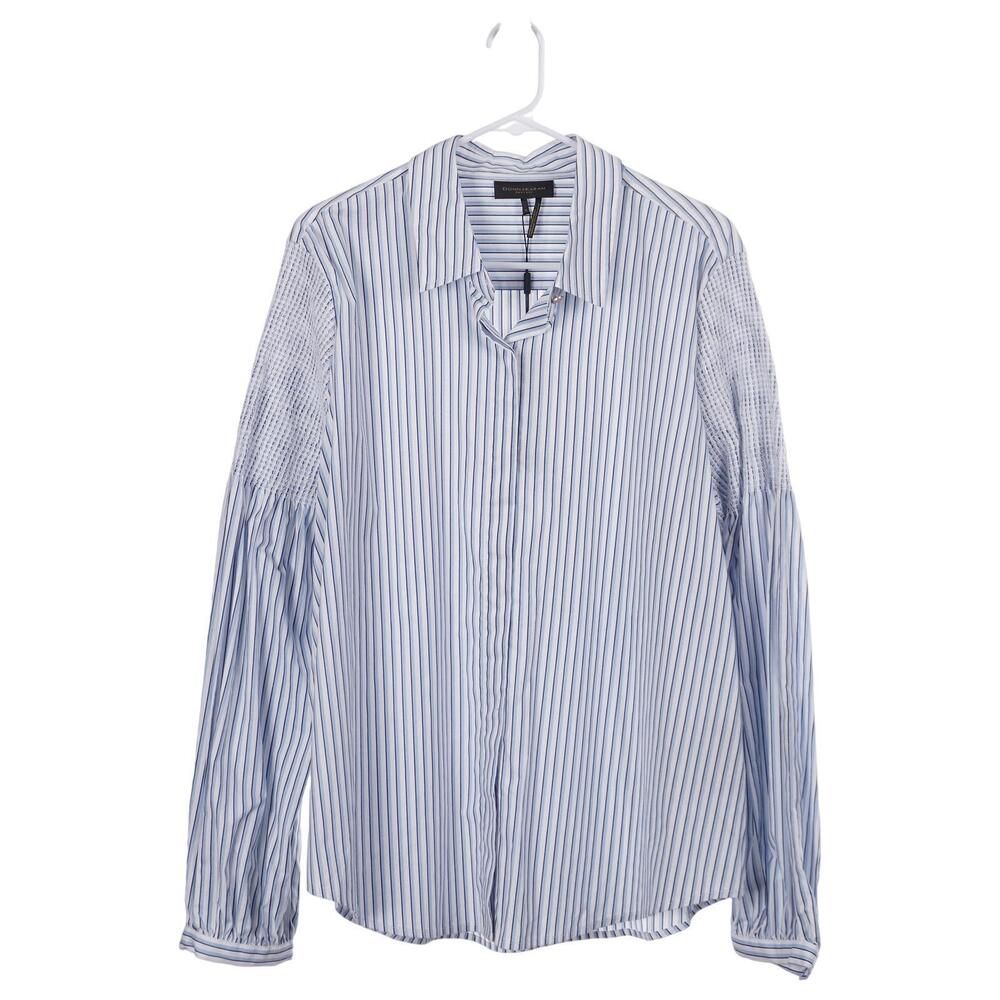 NWT DONNA KARAN Top XL Blue Striped Cotton Blend Smocked Long Sleeve Button-Up
